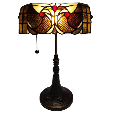 Tiffany Style Stained Glass Desk Lamp With 16 Inch Tall Body Dark Amber Finish Swivel Arm And Tilting Shade Hand Cut 74 Piece Glass Mosaic With Jewels Perfect Desk Or Home Office Vibe Lighting