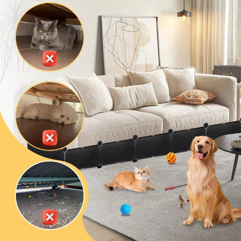 Image of pets and toys with the 21 Piece Under Bed Blocker For Pets And Toys Total Storage Space Saver Flexible Pet Guard Barrier.