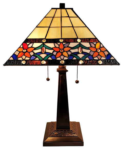 Retro Vibe Table Lamp With Stained Glass Shade In Blue White Tan Brown Classic Banker Mission Design Handcrafted Nightstand Light, front view