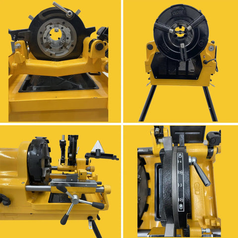 Built Tough Electric Pipe Threader Machine Half To Four Inch Range Featuring 4 Point 9 Inch Chuck close-up view with die sets and controls