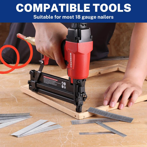 Heavy Duty 1 Inch 18 Gauge Brad Nails 6000 Count Zinc Plated Rust Resistant Steel For Trim And Woodworking Sweet Finish Zero Fuss Or Splinter Damage Pro Grade Fasteners being used with a nail gun on wood.