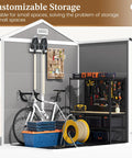 Spacious 6x4 Outdoor Storage Shed With Floor For Bikes Tools And Gear, Resin Plastic Garden Shed interior with tools and bike