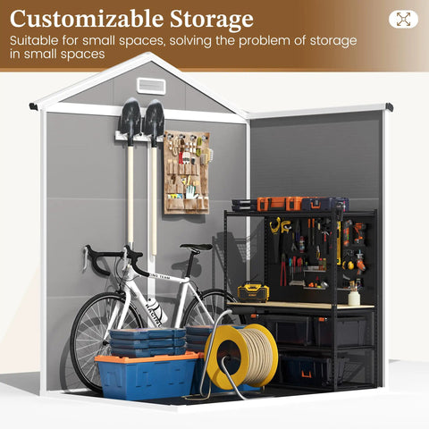 Spacious 6x4 Outdoor Storage Shed With Floor For Bikes Tools And Gear, Resin Plastic Garden Shed interior with tools and bike