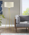 Gold Tripod Floor Lamp With White Drum Shade Dope Modern Reading Light For Living Room Or Bedroom Tall 66.5 Inch Standing Lamp Corner Office Lighting Sleek Metal Base in living room next to sofa