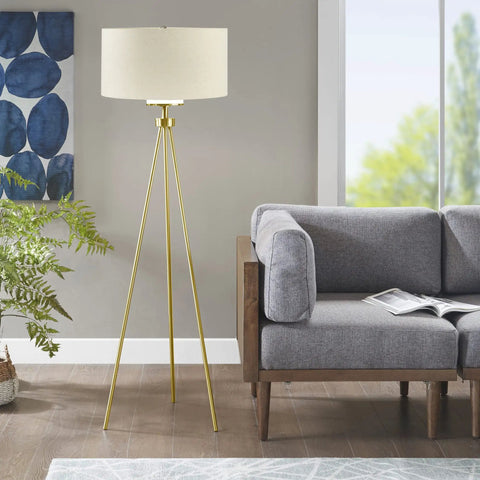Gold Tripod Floor Lamp With White Drum Shade Dope Modern Reading Light For Living Room Or Bedroom Tall 66.5 Inch Standing Lamp Corner Office Lighting Sleek Metal Base in living room next to sofa