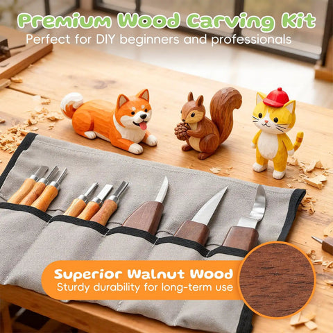 Wood Carving Kit With 29 Piece Tools Whittling Set For Beginners DIY Hobbyists Grab And Go Gray Carrying Bag on table