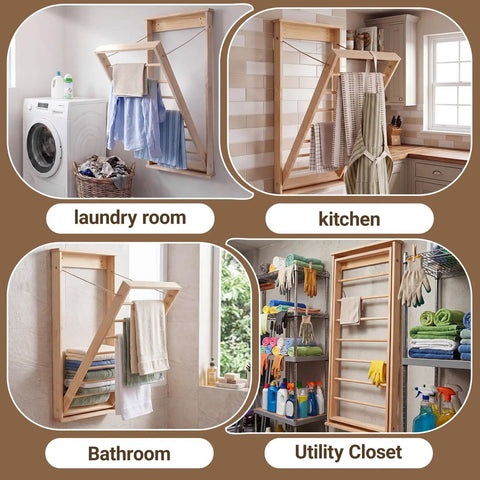 Wall Mounted Foldable Drying Rack With Sturdy Wood Rod, Space Saving Laundry Clothes Hanger For Bathroom Or Mudroom used in various rooms