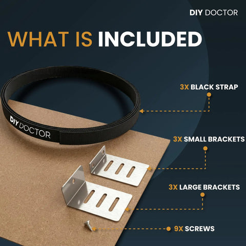 Drawer Repair Kit Easy Fix For Sagging Buckled Drawers 3 Pack Reinforcers contents: black strap, brackets, screws