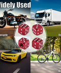 Red dice-style tire valve stem caps with O-ring, shown with motorcycle, truck, car, and bicycle, universal fit, 4 pack.
