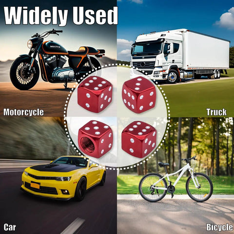 Red dice-style tire valve stem caps with O-ring, shown with motorcycle, truck, car, and bicycle, universal fit, 4 pack.