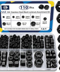 110 Pack Black Nylon Insert Lock Nuts Set in organizer box with SAE sizes 6-32 to 1/2-13 made of 304 Stainless Steel