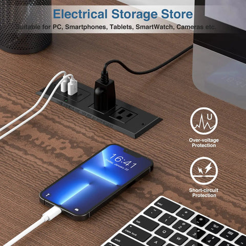 Underdesk Conference Power Strip With USB-C PD 20W, 2 Outlets, 2 USB-A, installed on wooden desk with devices connected