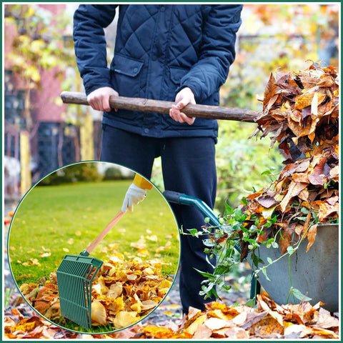 Person using rake with Manure Fork Replacement Head Set, 18 Tine Pitchfork Heads in yard, Army Green, Two Pack for garden cleanup.