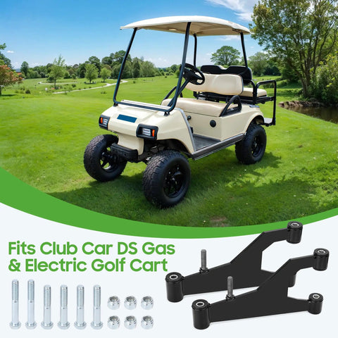 Delta A Plate Front Suspension A Arm Kit For Club Car DS 1993 Up Gas And Electric, shown with cart and hardware
