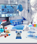 Front view of blue aluminum lab jack stand platform, 4x4 in, with scissor lift, on a lab bench.