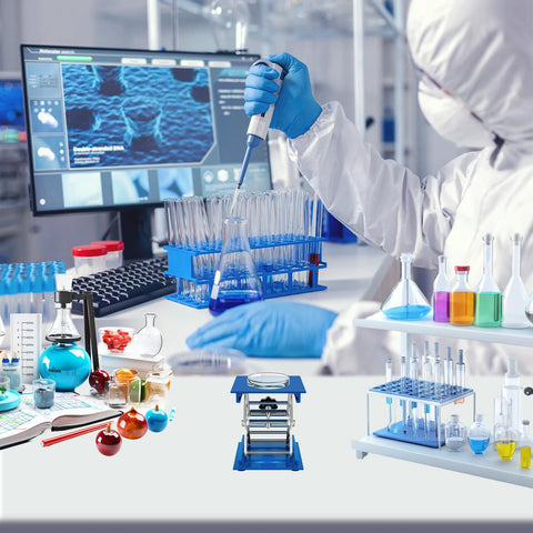 Front view of blue aluminum lab jack stand platform, 4x4 in, with scissor lift, on a lab bench.
