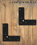 Stainless Steel Corner Brackets 4 Pack L Shaped Built Tough 100x100mm 2mm Thick Wear Resistant Black Shelf Braces on wood surface