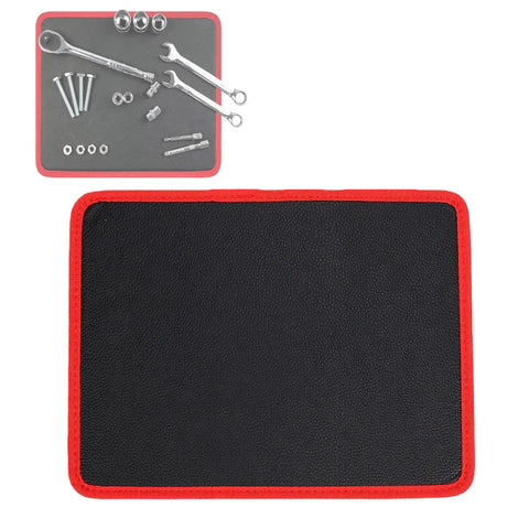 Heavy Duty Magnetic Tool Mat With PVC Coating Flexible 9.84 By 12.99 Inches Stays Put For Screwdrivers Wrenches Bolts And Small Parts In The Garage Or Shop Holds Tools Firmly Even On Tilted Surfaces., black PVC-coated magnetic tool mat with red border holding screws and wrenches