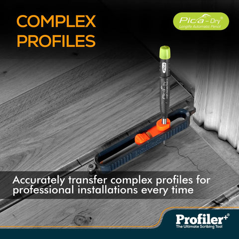 Top Tier Multifunction Scribing Tool Kit Featuring Self Locking Adjustment Pica Dry Long Life Automatic Pencil And Eight Versatile Refill Leads For Dead On Precision Marking And Hella Quick Layouts Black on wood for precise profile transfer.