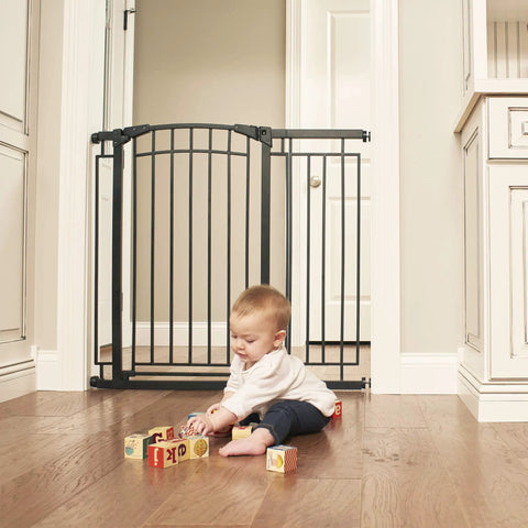 Multi-Use Tall Walk-Thru Baby Gate In Black Metal, Pressure Mount Or Hardware Mount Options, Adjustable 28 To 48 Inch Wide, 36 Inch Tall