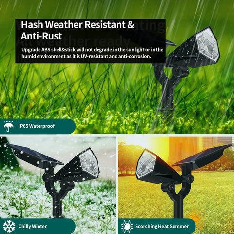 Dual Color Solar Powered Garden Lights Set Of 6 Wall Or Ground Mount Waterproof Outdoor Pathway Driveway Palm Trees Landscape Lighting For Yard Walkway And More shown in various weather conditions