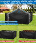 Waterproof Patio Furniture Cover For Square Table And Chairs 55 Inch By 55 Inch By 35 Inch With Storage Bag Heavy Duty All Weather Outdoor Protection From Rain UV Snow Dust, shown in various conditions highlighting water runoff and dust protection.