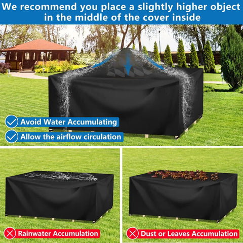 Waterproof Patio Furniture Cover For Square Table And Chairs 55 Inch By 55 Inch By 35 Inch With Storage Bag Heavy Duty All Weather Outdoor Protection From Rain UV Snow Dust, shown in various conditions highlighting water runoff and dust protection.