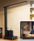 LED Desk Lamp For Home Office With USB Ports And AC Outlet, Dimmable Eye Care Light on desk showing light modes, timer and pen holder