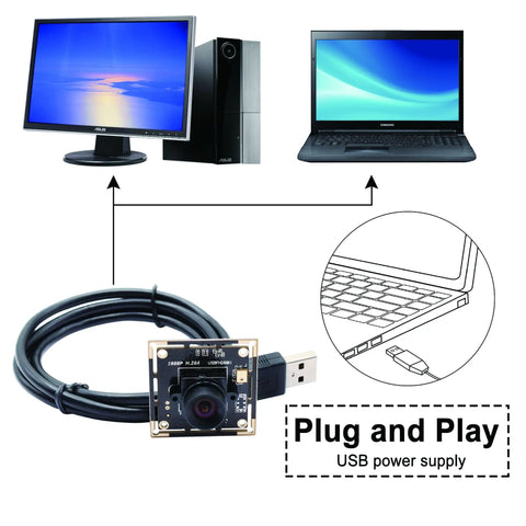 Sony IMX323 Low Light USB Camera Module With 100 Degree Wide Angle No Distortion Lens connected to computer and laptop.