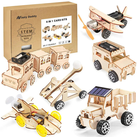 Six In One Wooden STEM Car Building Kit with solar helicopter, wind powered car, and box packaging for kids ages 8 to 14.