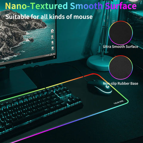 RGB Gaming Mouse Pad Oversized 31.5 By 11.8 Inches With 12 Light Modes, non-slip rubber base, smooth surface, and keyboard setup.