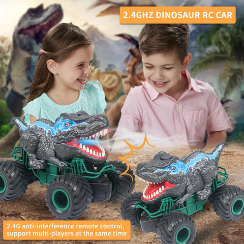 Kids playing with Monster Dinosaur Remote Control Car With 2.4 GHz Radio, Off Road RC Dino Truck With Roaring Face and LED Lights