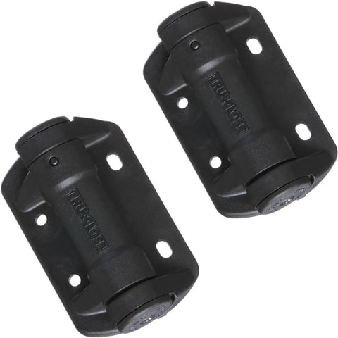 TruClose Narrow Spring Hinges 2-Pack Self-Closing Gate Hardware In Black Polymer For Metal Outdoor Gates Three And Thirteen Sixteenths Inches By Two And One Half Inches 55 Lbs Load Capacity Adjustable Spring Action; Close-up of two black hinges on white background