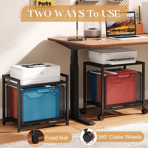 Under Desk Storage Organizer With Drawer Rolling File Cabinet Adjustable Tabletop Double Tier Industrial Shelves On Fixed Feet Wheels Sofa Side Table For Home And Office Black, shown under desk with printer and files.
