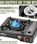Dual Fuel Portable Camping Stove For Butane Or Propane Includes Adapter And Carrying Case No Fuss Single Burner For Outdoor Cooking Tailgating Emergency Prep And Quick Easy Meals Anywhere You Go, shown with blue flame and ignition details.