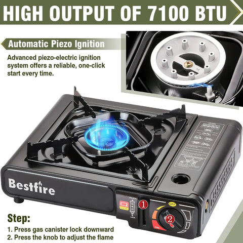 Dual Fuel Portable Camping Stove For Butane Or Propane Includes Adapter And Carrying Case No Fuss Single Burner For Outdoor Cooking Tailgating Emergency Prep And Quick Easy Meals Anywhere You Go, shown with blue flame and ignition details.