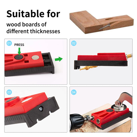 Pocket Hole Jig Set With Two Hole Jig Step Drill Bit Stop Collar Square Drive Bit Hex Key Adjustable And Hands On Easy To Use Joinery Kit For DIY Woodworking Projects Featuring Built In Metric Scale And Magnetic Base For Precise Drilling showing usage on wood boards of varying thicknesses.