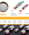 Deutsch DT Connector Kit 540 Piece Set waterproof features with nylon material and 4-pin arrangement example.