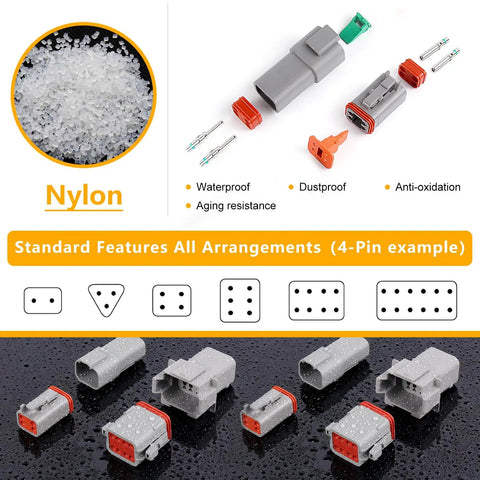 Deutsch DT Connector Kit 540 Piece Set waterproof features with nylon material and 4-pin arrangement example.