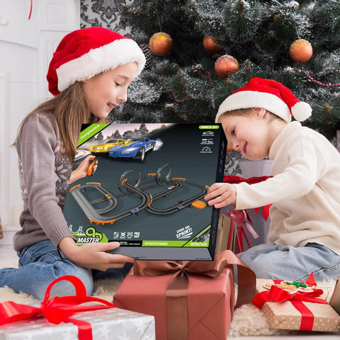 Kids opening Action Packed Slot Car Race Track Set With Electric Or Battery Power Includes Four High Speed Cars on Christmas.
