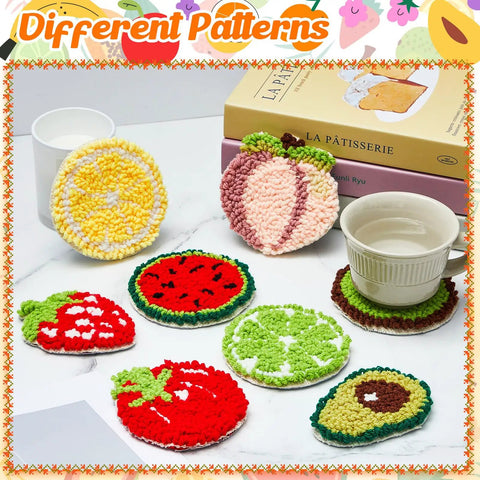 8 Piece Fruit Punch Punch Needle Coaster Kit For Adults Beginners DIY Embroidery Set with fruit-shaped tufted coasters