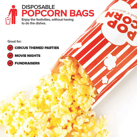 Large 2 Oz Red And White Paper Popcorn Bags Bulk 100 Pack Disposable Grease Resistant Bags. Popcorn spilling out displayed.