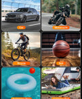 Cordless Tire Inflator Air Pump With 22 Cylinder Power showing car, motorcycle, bicycle, ball, swimming ring, camping pad images
