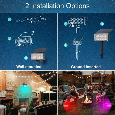Super Bright Solar Spotlight With 36 LEDs, RGB Color Changing Outdoor Landscape Lights installation instructions and usage.