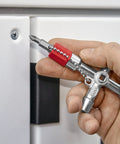 Hand using Handy Universal Control Cabinet Key for Gas, Water, and Electric Shutoff Systems with Slot 10x7 Bit, Phillips PH2.
