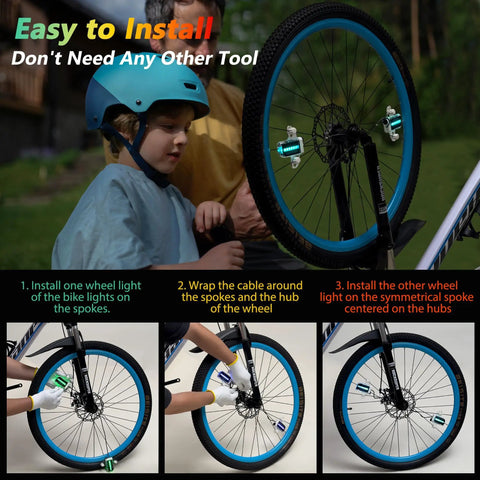 Lit LED Bike Wheel Lights For Night Rides Waterproof Spoke Lights installation guide with child wearing helmet