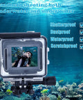 60m Waterproof Case For Hero 4K Action Camera Underwater Housing shown in ocean environment, highlighting shatterproof design, mount, and clarity.