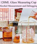 Seven Piece Glass Measuring Cup Set With Borosilicate Beaker Style Nesting Cups, Clear Markings From 1 Tsp To 8 Oz, Your Kitchen Go To For Baking, Cooking And Drink Prep, Durable Glass Easy To Read, 120ml glass measuring cup shown pouring liquid