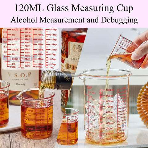 Seven Piece Glass Measuring Cup Set With Borosilicate Beaker Style Nesting Cups, Clear Markings From 1 Tsp To 8 Oz, Your Kitchen Go To For Baking, Cooking And Drink Prep, Durable Glass Easy To Read, 120ml glass measuring cup shown pouring liquid