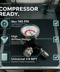 Inline Air Pressure Regulator With Gauge 1/4 NPT For HVLP Sprayers And Pneumatic Tools, 0-140 PSI Adjustable, features